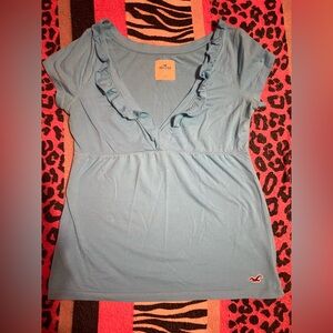 Vintage Hollister ruffled v-neck babydoll top neon blue